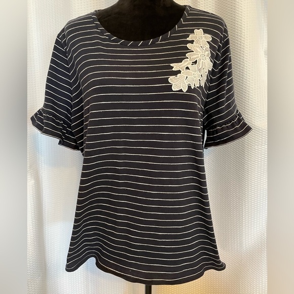 Van Heusen blue white striped floral lace short sleeve blouse size XXL - Picture 1 of 6